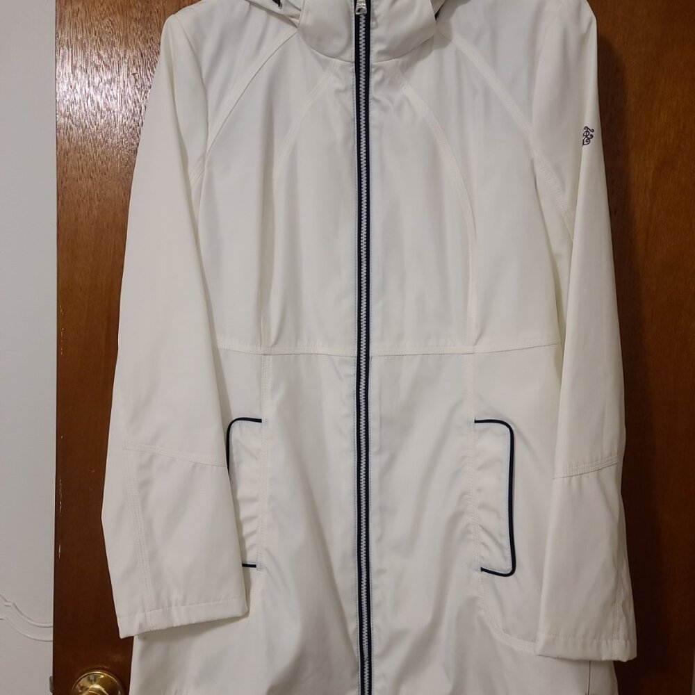 Jessica Simpson White With Navy Blue Piping Raincoat W/ Hood Size XL